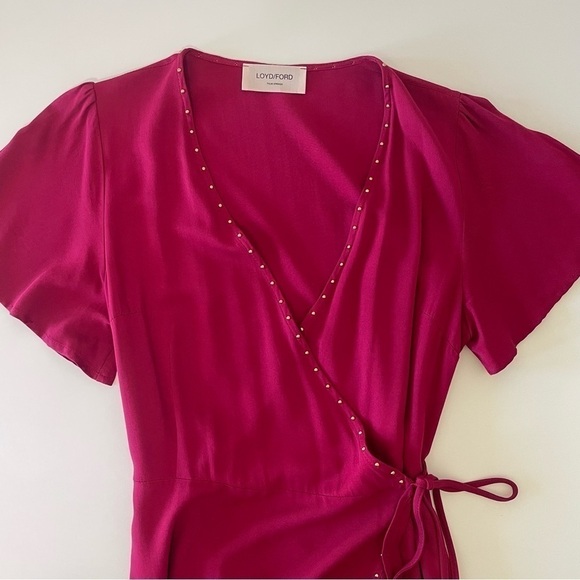 LOYD/FORD Flutter Sleeve Studded Ruffle Midi Wrap Dress Raspberry Red 0 / XS - Picture 10 of 14